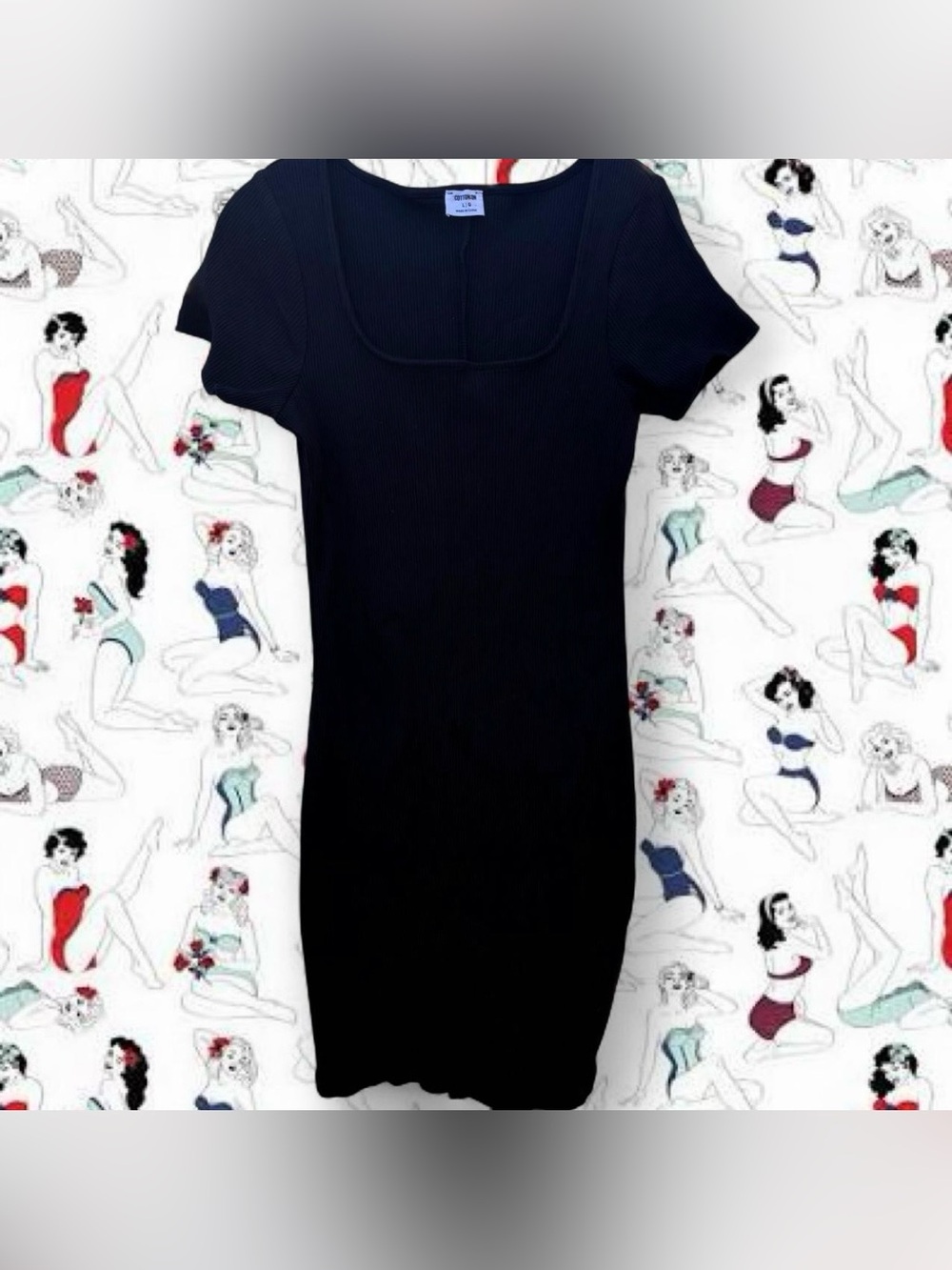 Cotton On Women’s Black Dress Ribbed Square-Neck Short Sleeve Retro NWOT Sz L